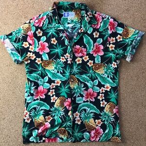 Vintage Hibiscus Pineapple Print Casual Button Up